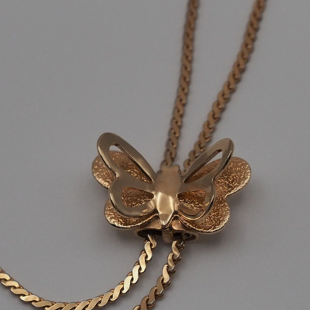 Vintage Bolo Necklace Butterfly Slide Lariat Gold Tone Curb Chain 32
